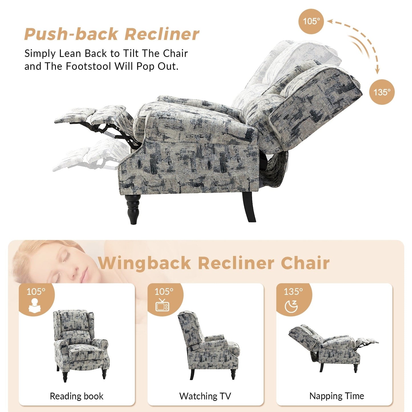 Fauteuil inclinable manuel classique rembourré Olympus avec pieds en bois massif, lot de 2 par HULALA HOME