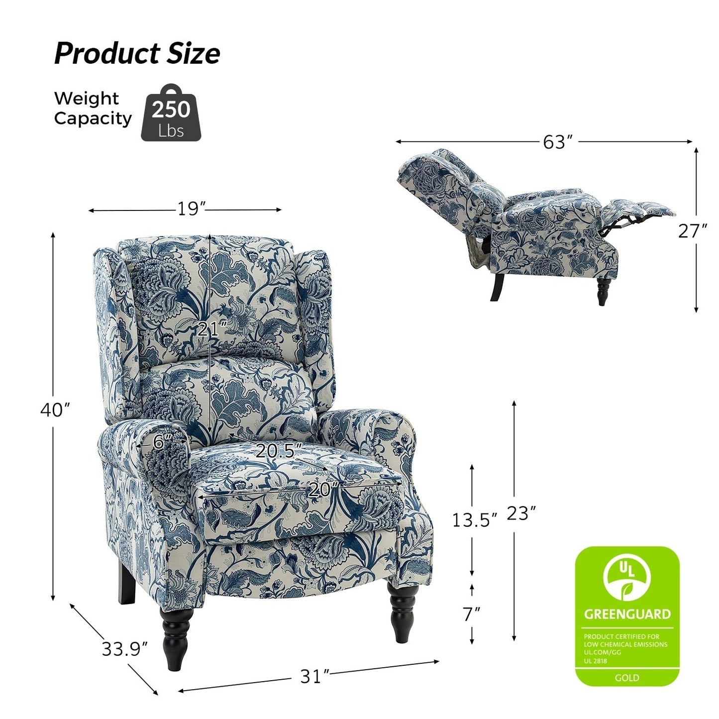 Fauteuil inclinable manuel classique rembourré Olympus avec pieds en bois massif, lot de 2 par HULALA HOME