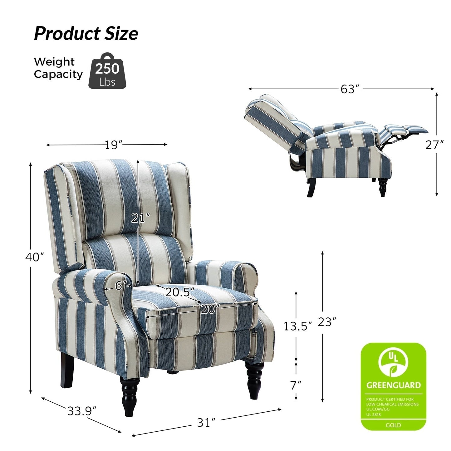 Fauteuil inclinable manuel classique rembourré Olympus avec pieds en bois massif, lot de 2 par HULALA HOME
