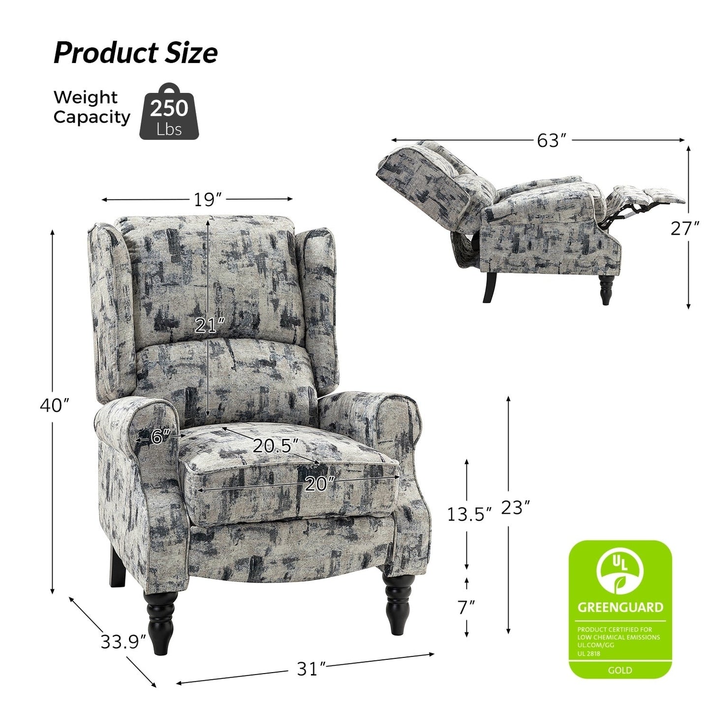 Fauteuil inclinable manuel classique rembourré Olympus avec pieds en bois massif, lot de 2 par HULALA HOME
