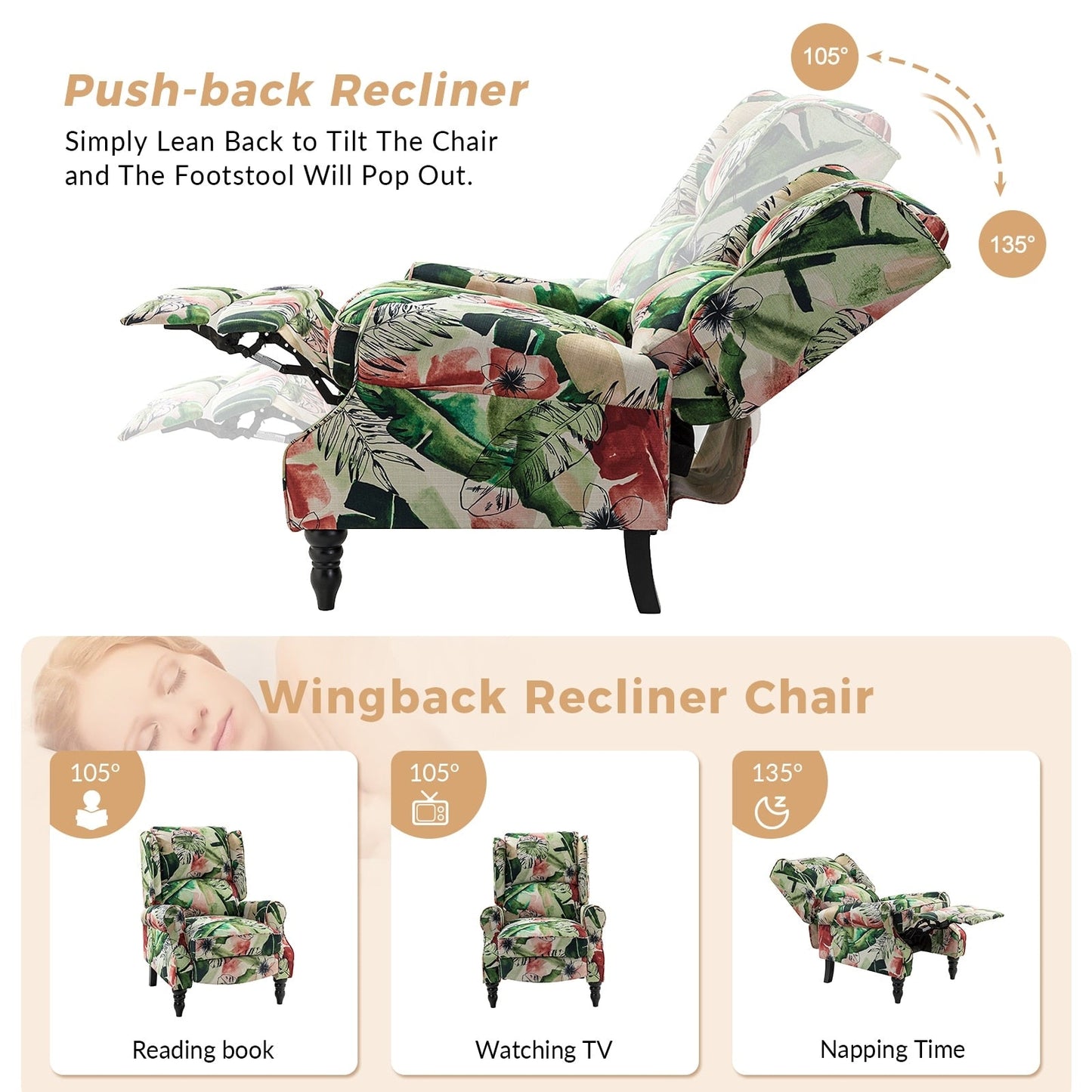 Fauteuil inclinable manuel classique rembourré Olympus avec pieds en bois massif par HULALA HOME