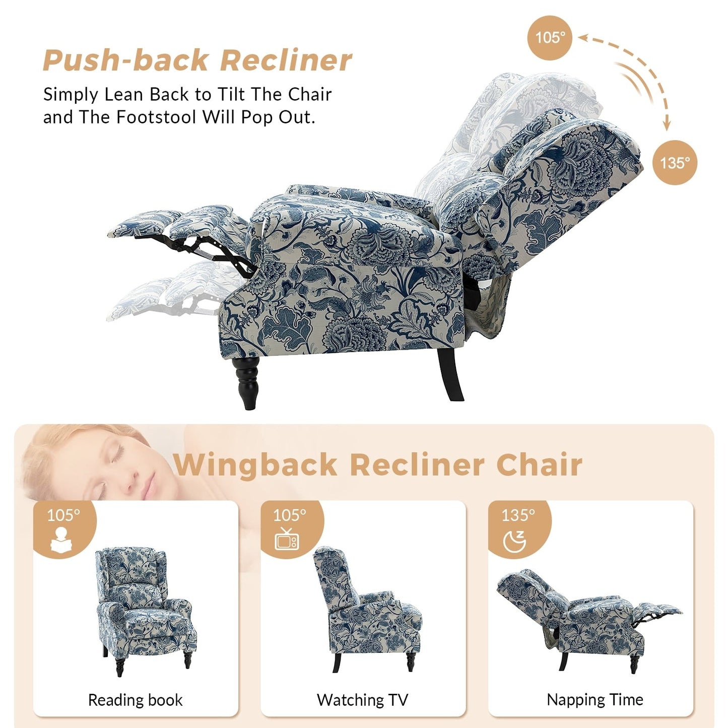 Fauteuil inclinable manuel classique rembourré Olympus avec pieds en bois massif par HULALA HOME