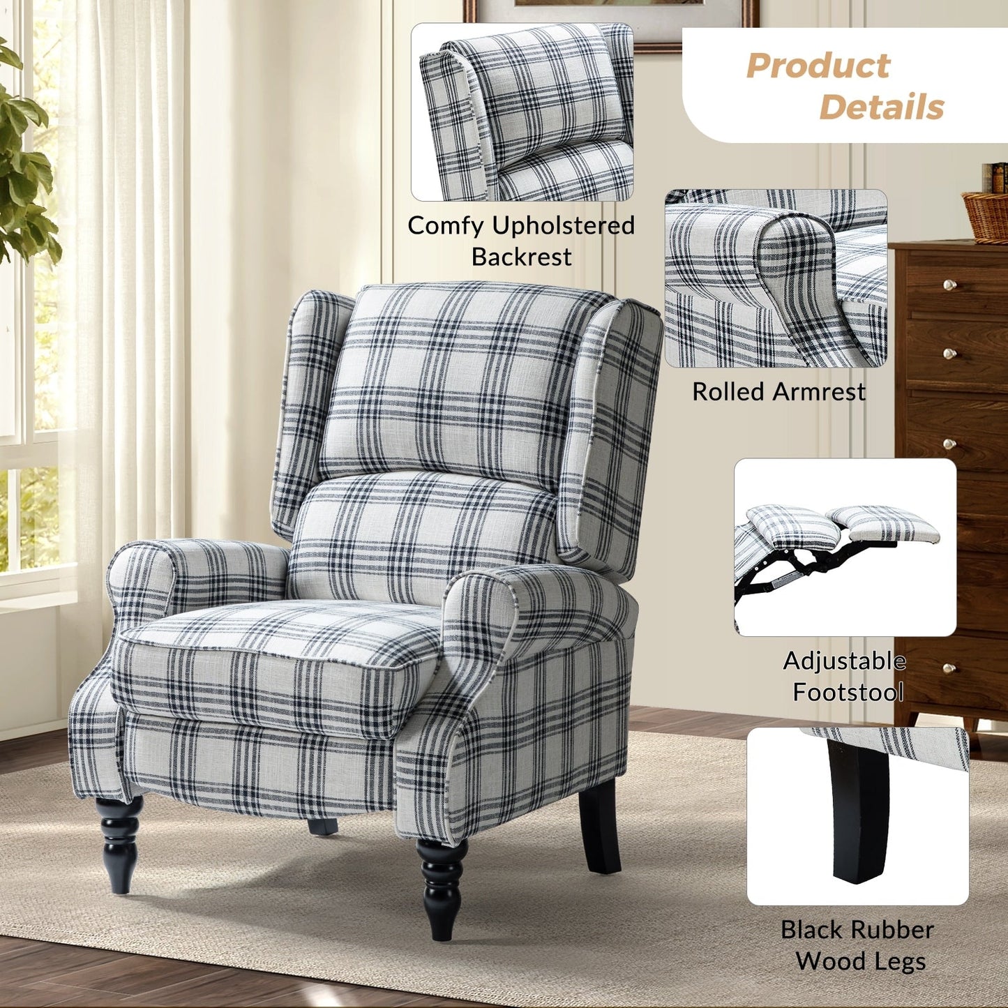 Fauteuil inclinable manuel classique rembourré Olympus avec pieds en bois massif par HULALA HOME