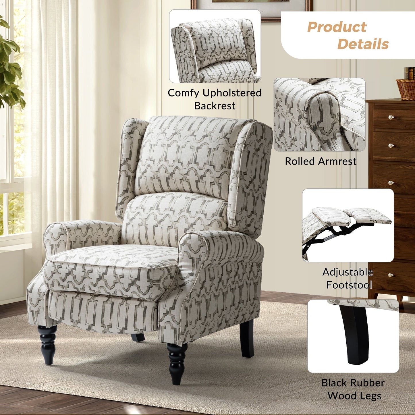 Fauteuil inclinable manuel classique rembourré Olympus avec pieds en bois massif par HULALA HOME