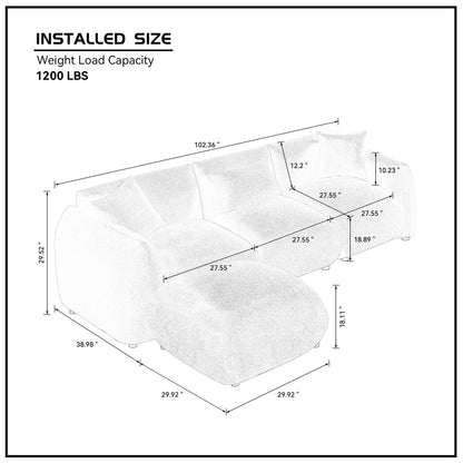 Canapé 3 places rembourré orange Boucle de 102,36 po avec pouf, 3 oreillers, design ergonomique et rembourrage épais
