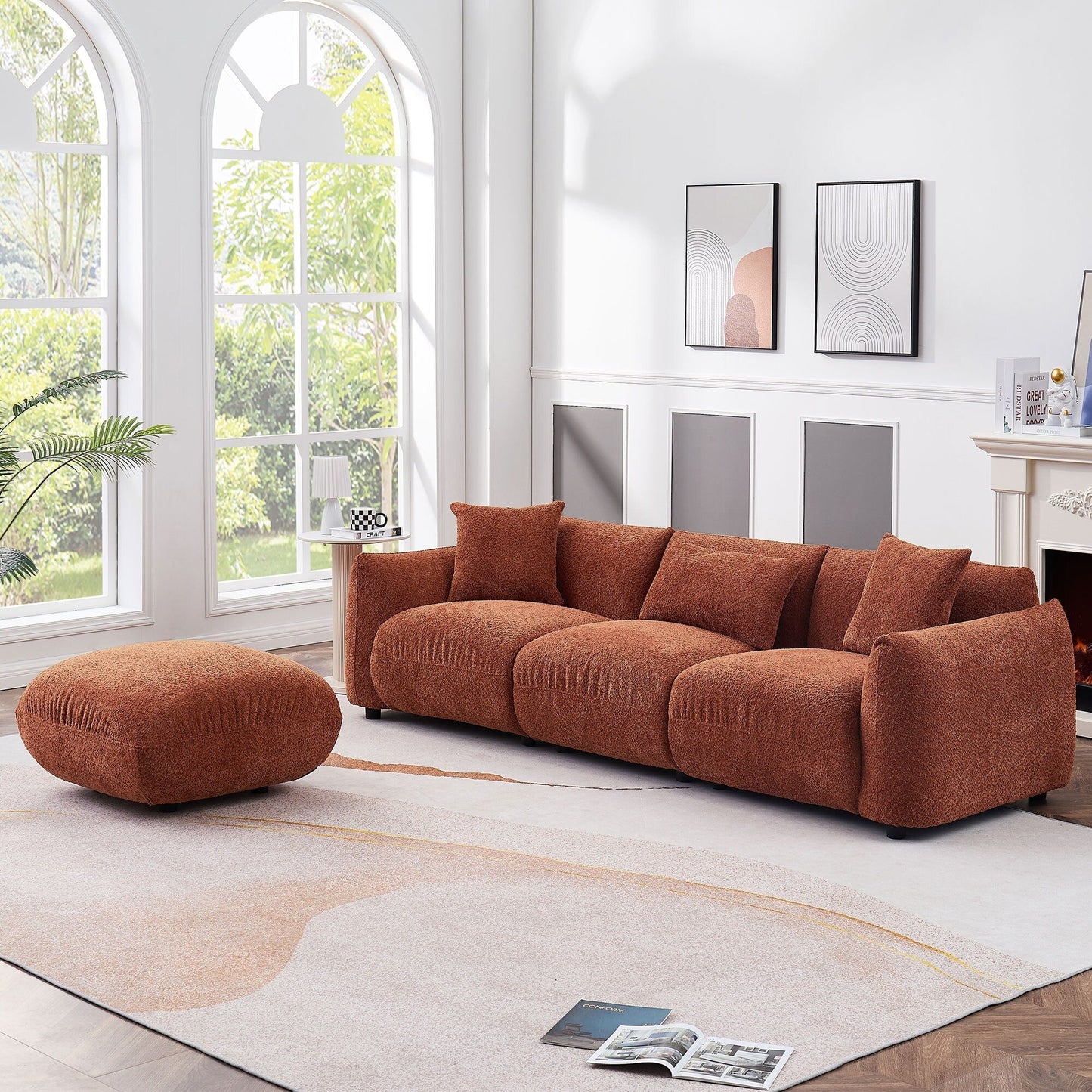 Canapé 3 places rembourré orange Boucle de 102,36 pouces avec 3 oreillers, pouf, design ergonomique et rembourrage épais