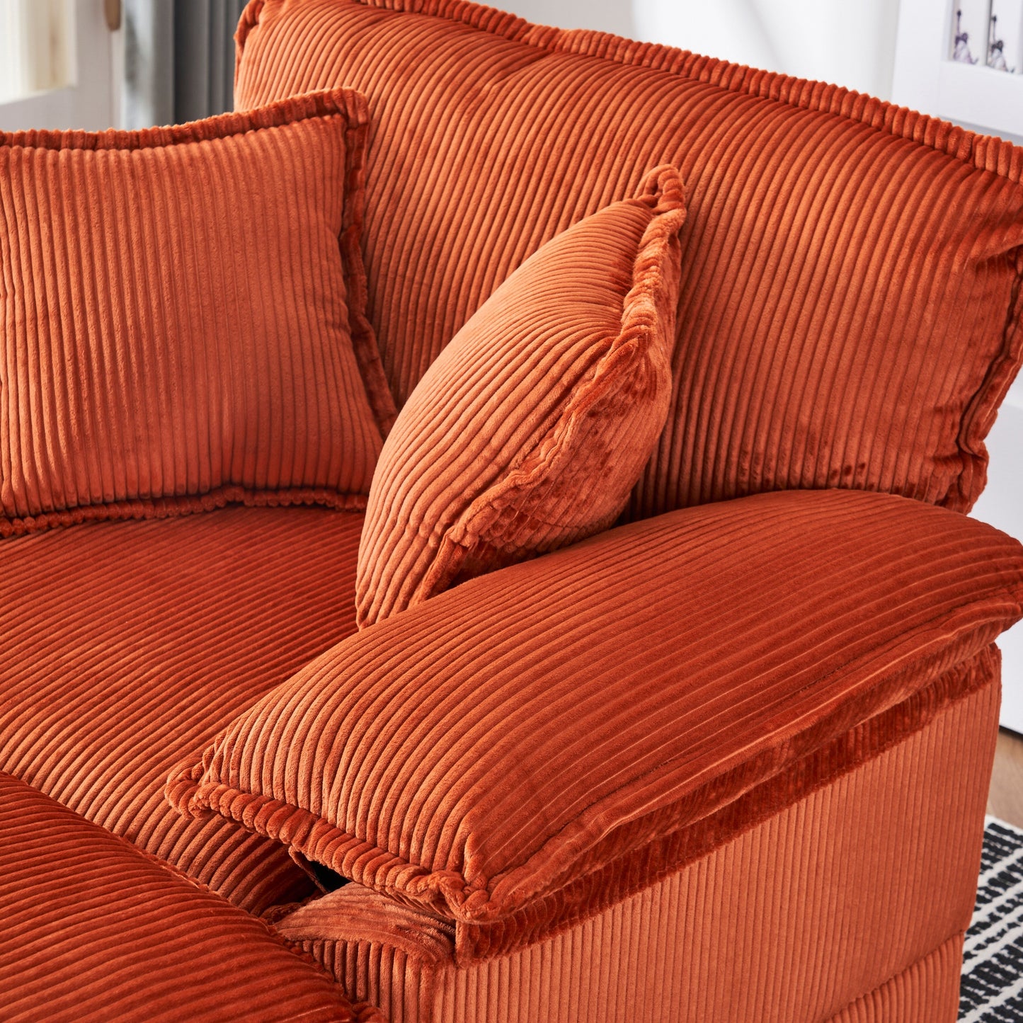 Canapé simple profond en velours côtelé orange 59,3 avec 2 coussins décoratifs et pouf pour le salon