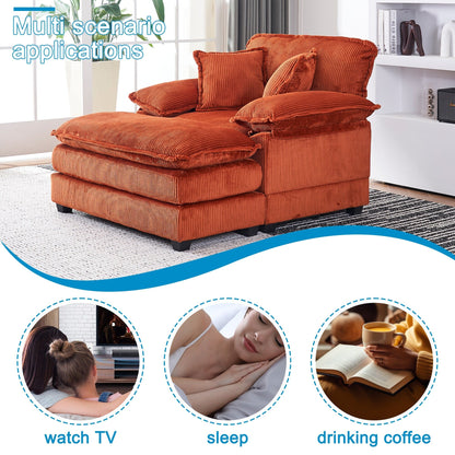 Canapé simple profond en velours côtelé orange 59,3 avec 2 coussins décoratifs et pouf pour le salon