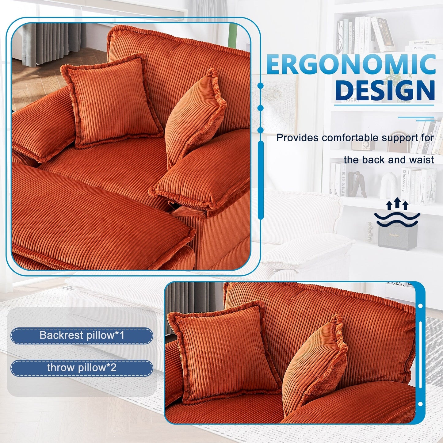 Canapé simple profond en velours côtelé orange 59,3 avec 2 coussins décoratifs et pouf pour le salon