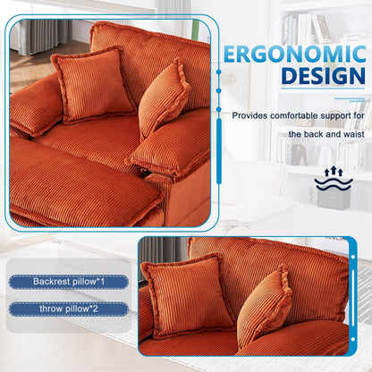 Canapé simple profond en velours côtelé orange 59,3 avec 2 coussins décoratifs et pouf pour le salon