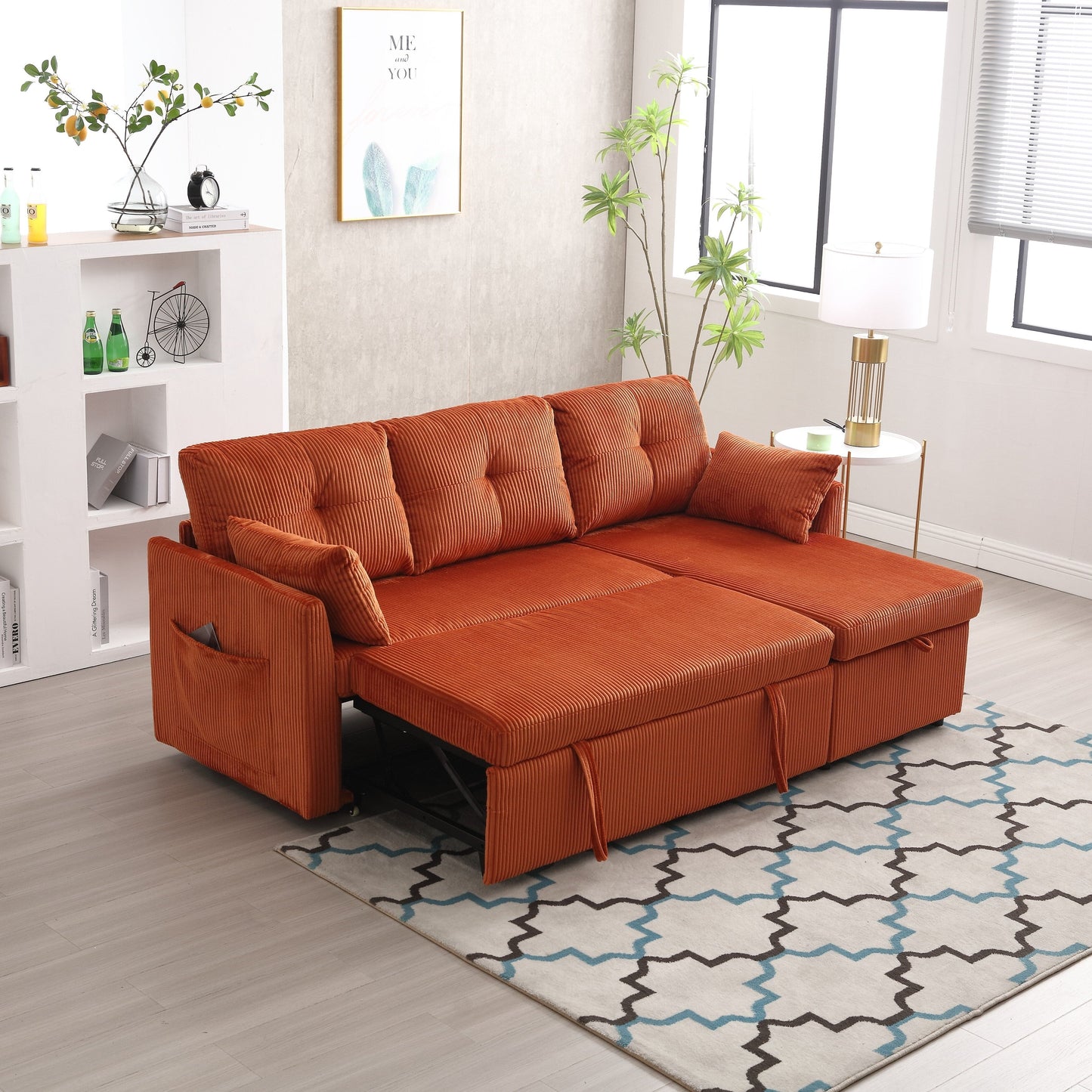 Canapé en tissu orange en forme de L de 81,1 pouces avec méridienne réversible, rangement, structure en bois massif et assise en mousse