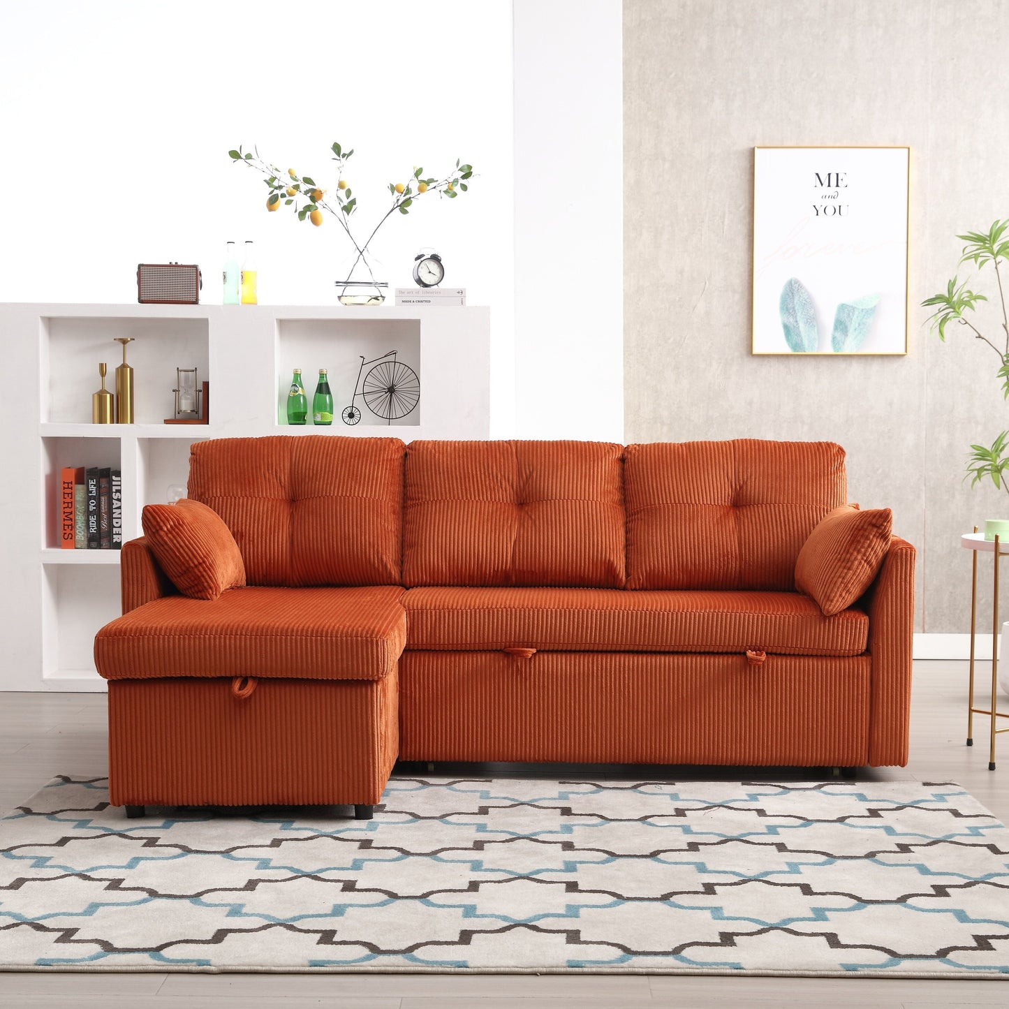Canapé en tissu orange en forme de L de 81,1 pouces avec méridienne réversible, rangement, structure en bois massif et assise en mousse