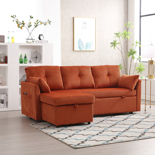 Canapé en tissu orange en forme de L de 81,1 pouces avec méridienne réversible, rangement, structure en bois massif et assise en mousse