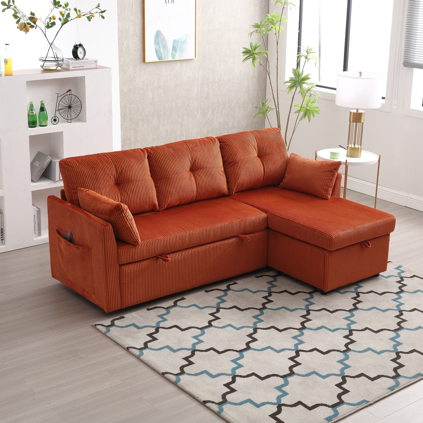 Canapé en tissu orange en forme de L de 81,1 pouces avec méridienne réversible, rangement, structure en bois massif et assise en mousse