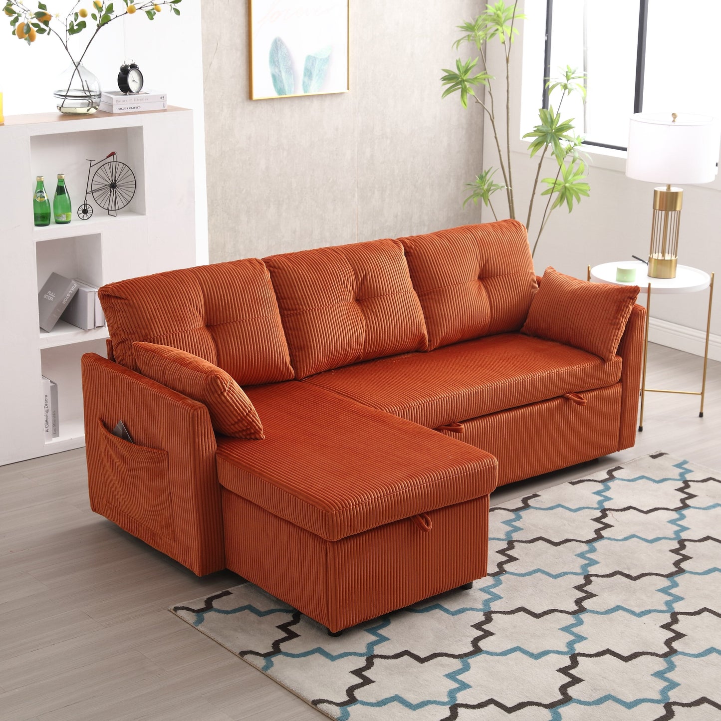 Canapé en tissu orange en forme de L de 81,1 pouces avec méridienne réversible, rangement, structure en bois massif et assise en mousse