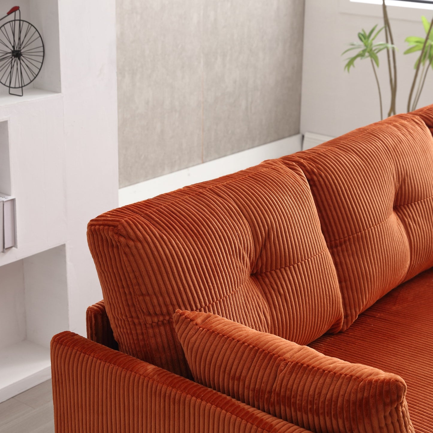 Canapé en tissu orange en forme de L de 206 cm : méridienne réversible, rangement, structure en bois massif et assise en mousse