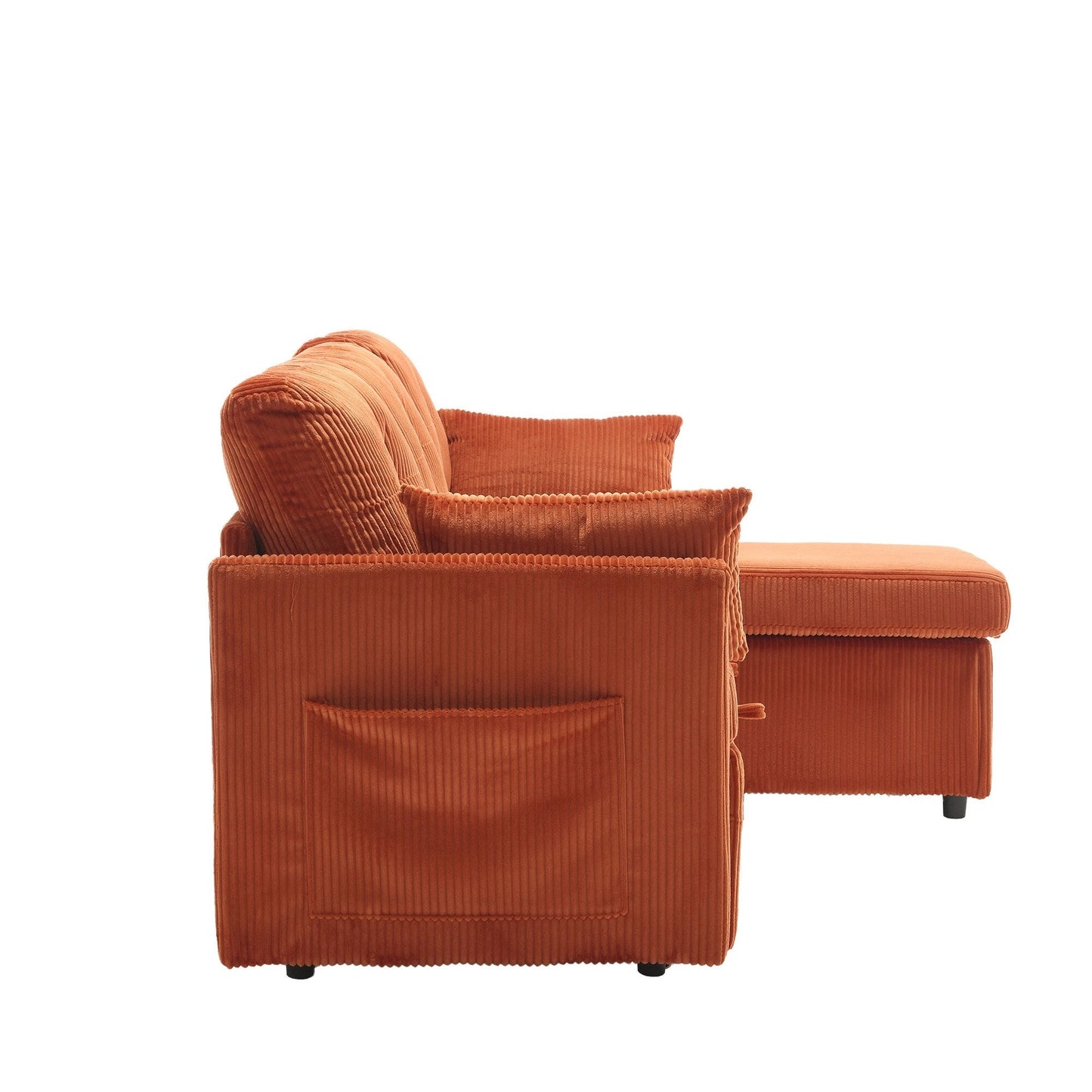 Canapé en tissu orange en forme de L de 206 cm : méridienne réversible, rangement, structure en bois massif et assise en mousse