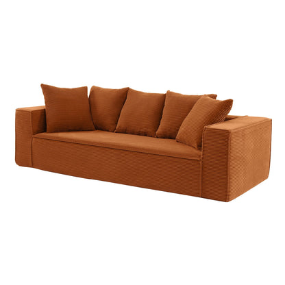 Canapé en velours côtelé orange de 89 pouces avec 5 coussins décoratifs et design élégant