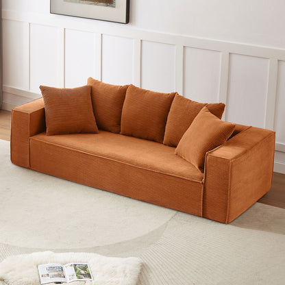 Canapé en velours côtelé orange de 89 pouces avec 5 coussins décoratifs et design élégant