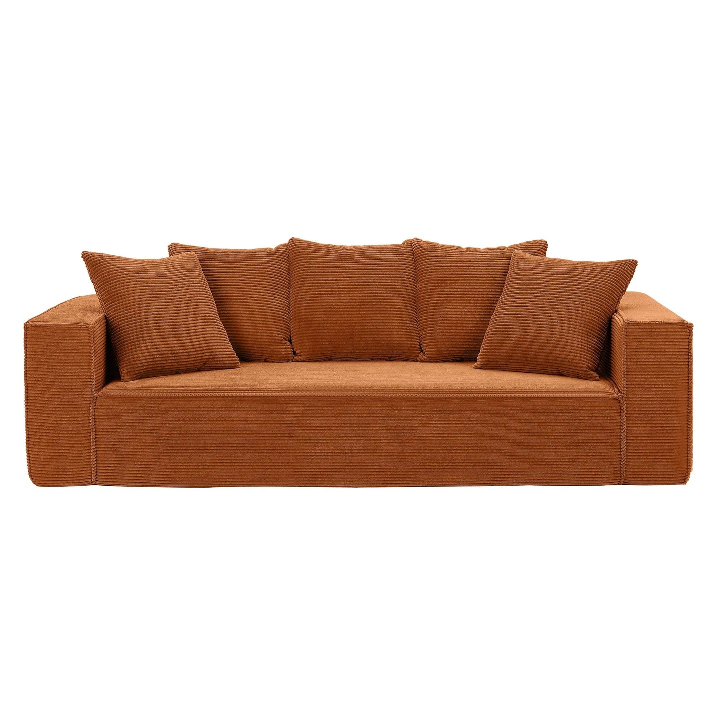 Canapé en velours côtelé orange de 89 pouces avec 5 coussins décoratifs et design élégant