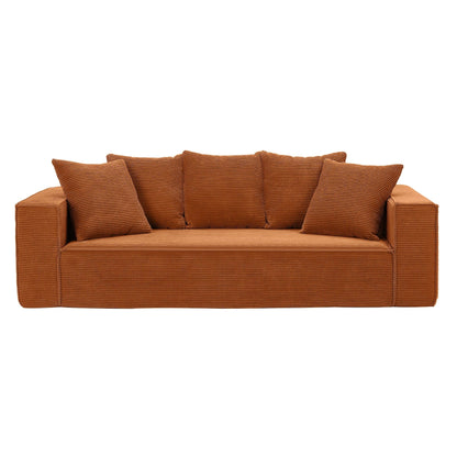 Canapé en velours côtelé orange de 89 pouces avec 5 coussins décoratifs et design élégant