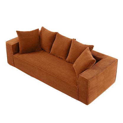 Canapé en velours côtelé orange de 89 pouces avec 5 coussins décoratifs et design élégant