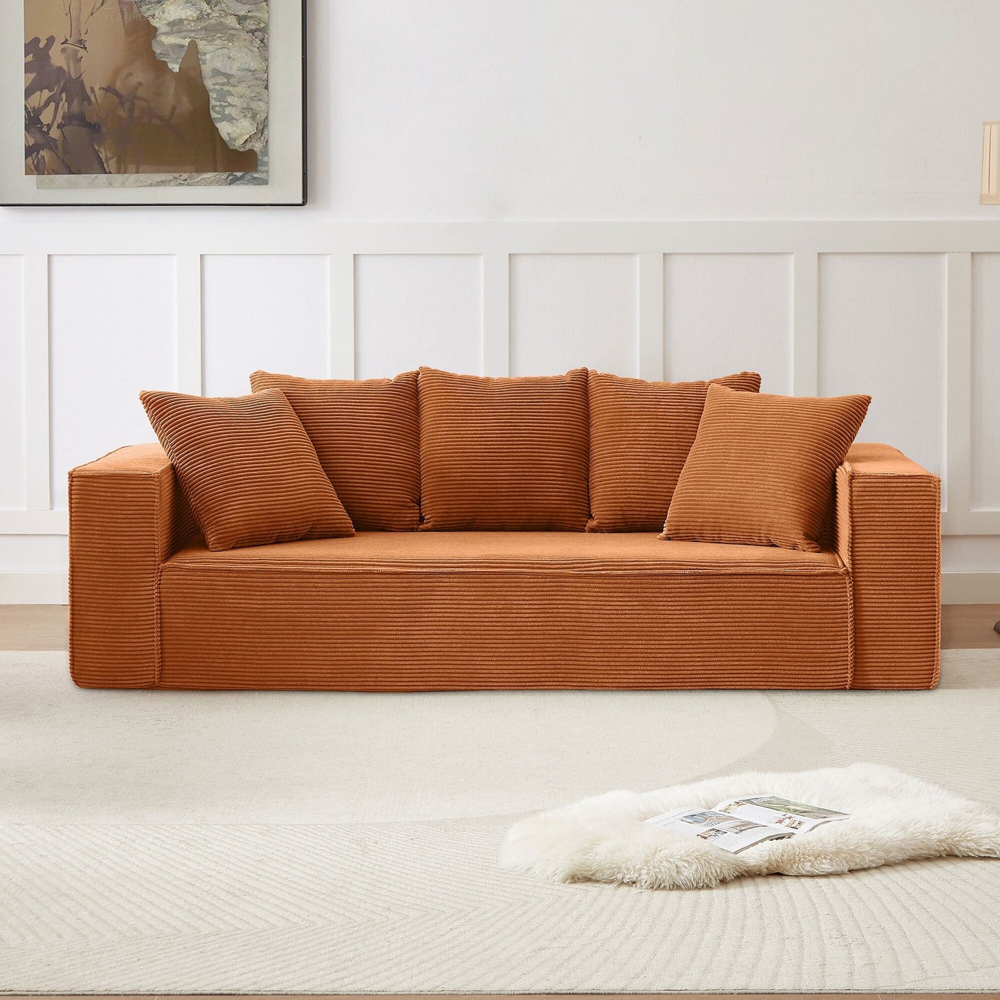 Canapé en velours côtelé orange de 89 pouces avec 5 coussins décoratifs et design élégant