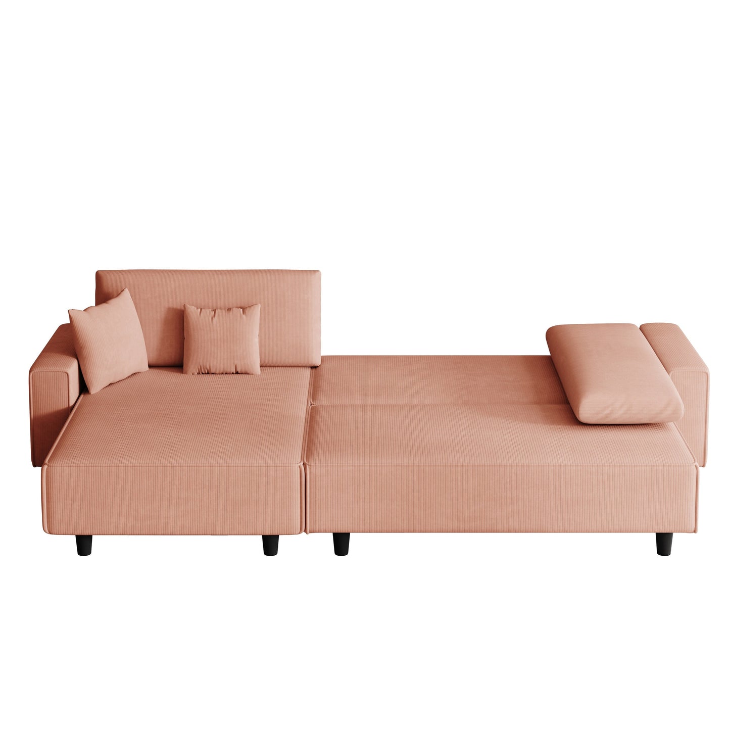 Canapé-lit convertible 3 places en velours côtelé orange de 93 po avec méridienne réglable, deux oreillers et rangement - Design compact