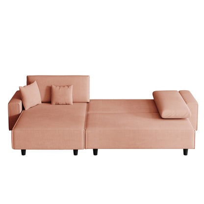 Canapé-lit convertible 3 places en velours côtelé orange de 93 po avec méridienne réglable, deux oreillers et rangement - Design compact