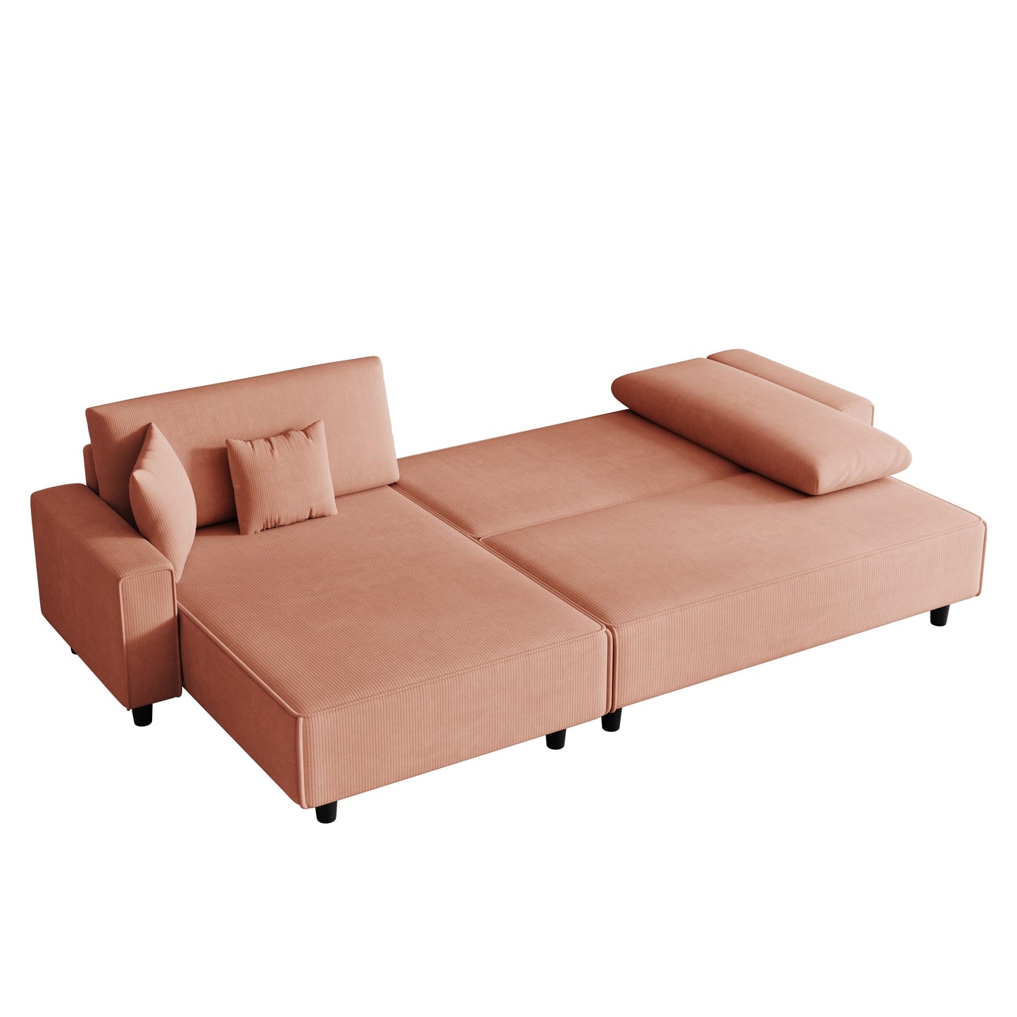 Canapé-lit convertible 3 places en velours côtelé orange de 93 po avec méridienne réglable, deux oreillers et rangement - Design compact