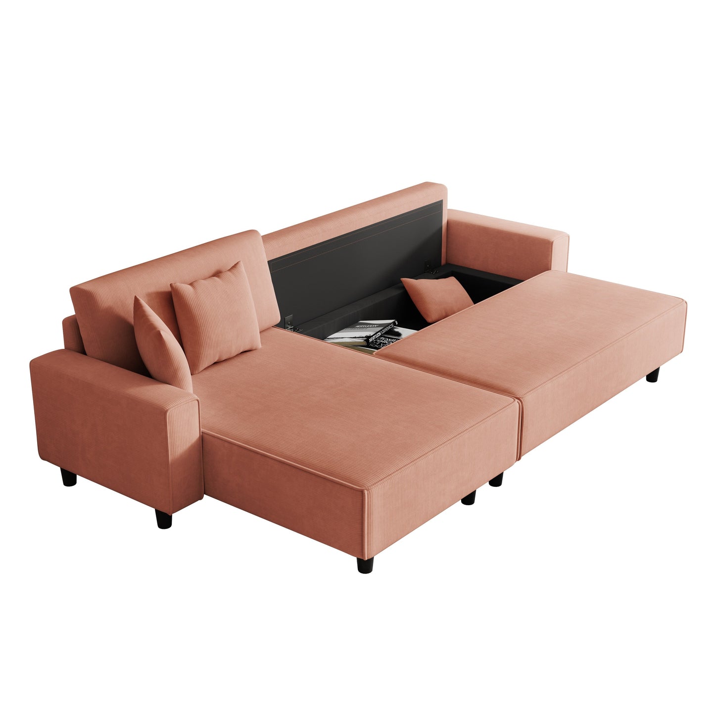 Canapé-lit convertible 3 places en velours côtelé orange de 93 po avec méridienne réglable, deux oreillers et rangement - Design compact