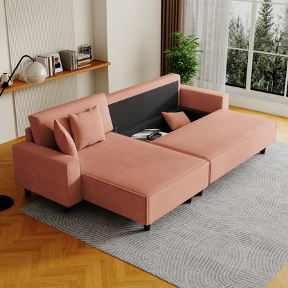 Canapé-lit convertible 3 places en velours côtelé orange de 93 po avec méridienne réglable, deux oreillers et rangement - Design compact