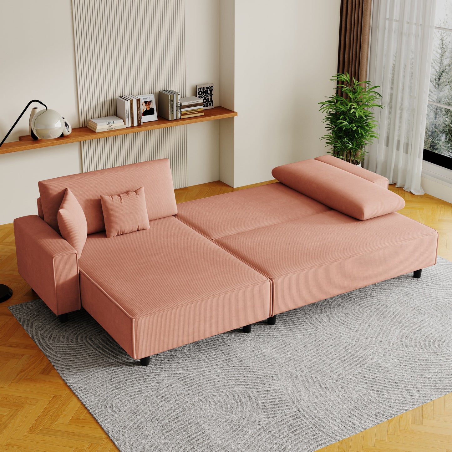 Canapé-lit convertible 3 places en velours côtelé orange de 93 po avec méridienne réglable, deux oreillers et rangement - Design compact