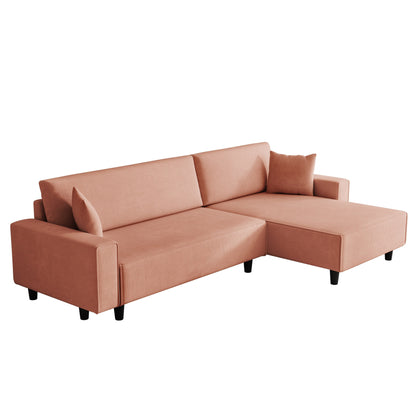 Canapé-lit convertible 3 places en velours côtelé orange de 93 po avec méridienne réglable, deux oreillers et rangement - Design compact