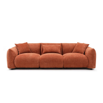 Canapé 3 places rembourré en tissu boucle orange avec coussins