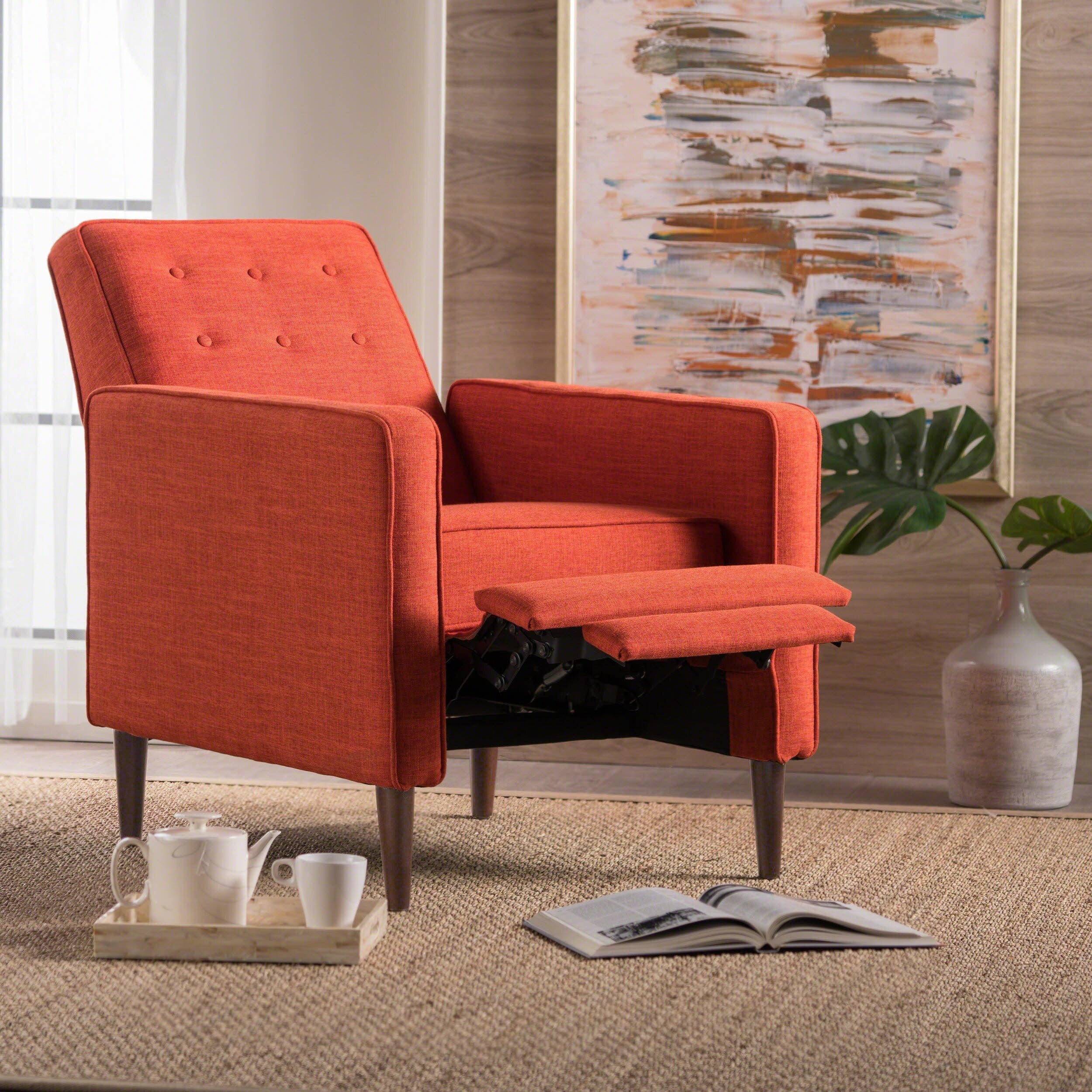 Fauteuil inclinable rembourré en tissu orange style milieu du siècle avec repose-pieds, dossier capitonné et pieds en hêtre