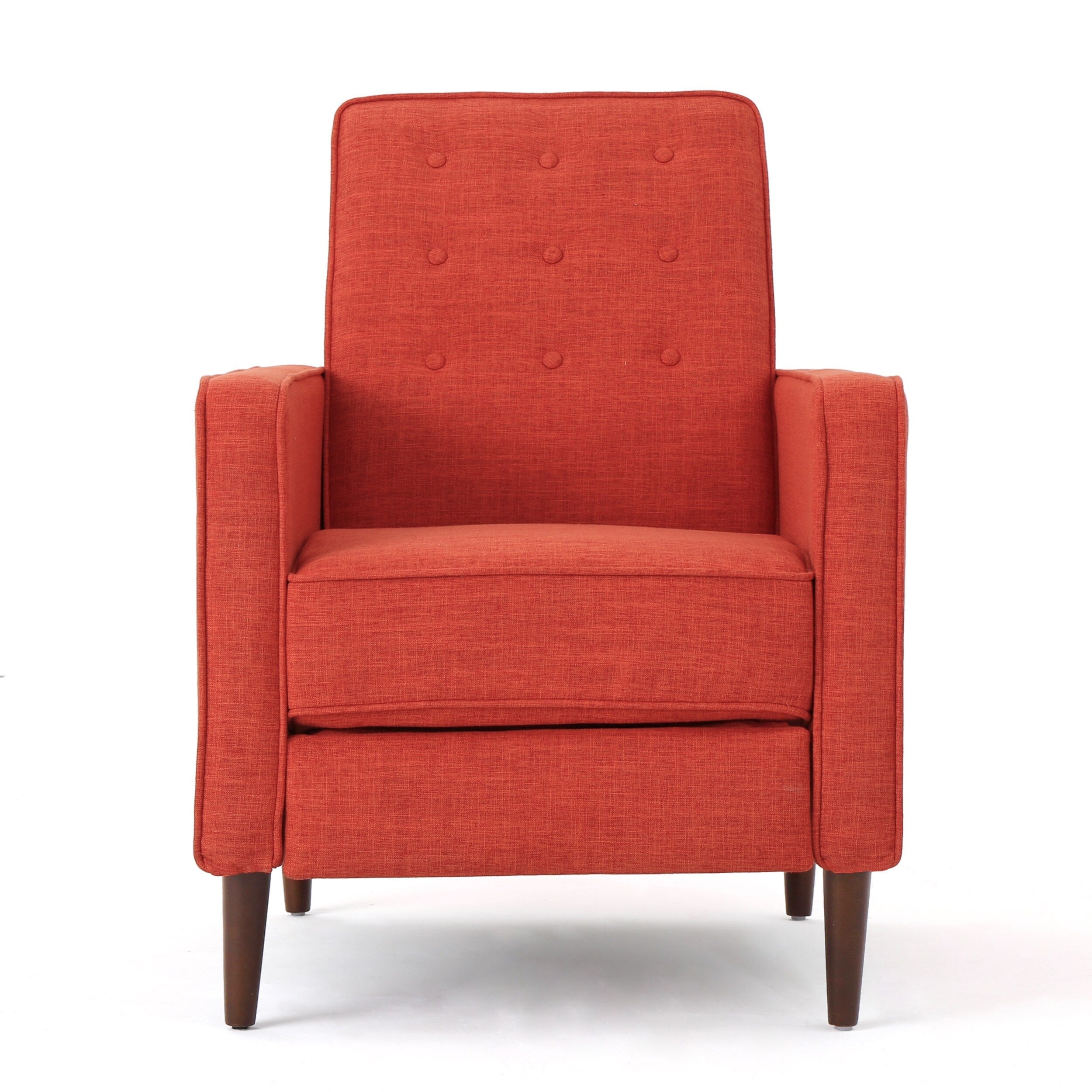 Fauteuil inclinable rembourré en tissu orange style milieu du siècle avec repose-pieds, dossier capitonné et pieds en hêtre