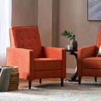 Fauteuil inclinable rembourré en tissu orange style milieu du siècle avec repose-pieds, dossier capitonné et pieds en hêtre
