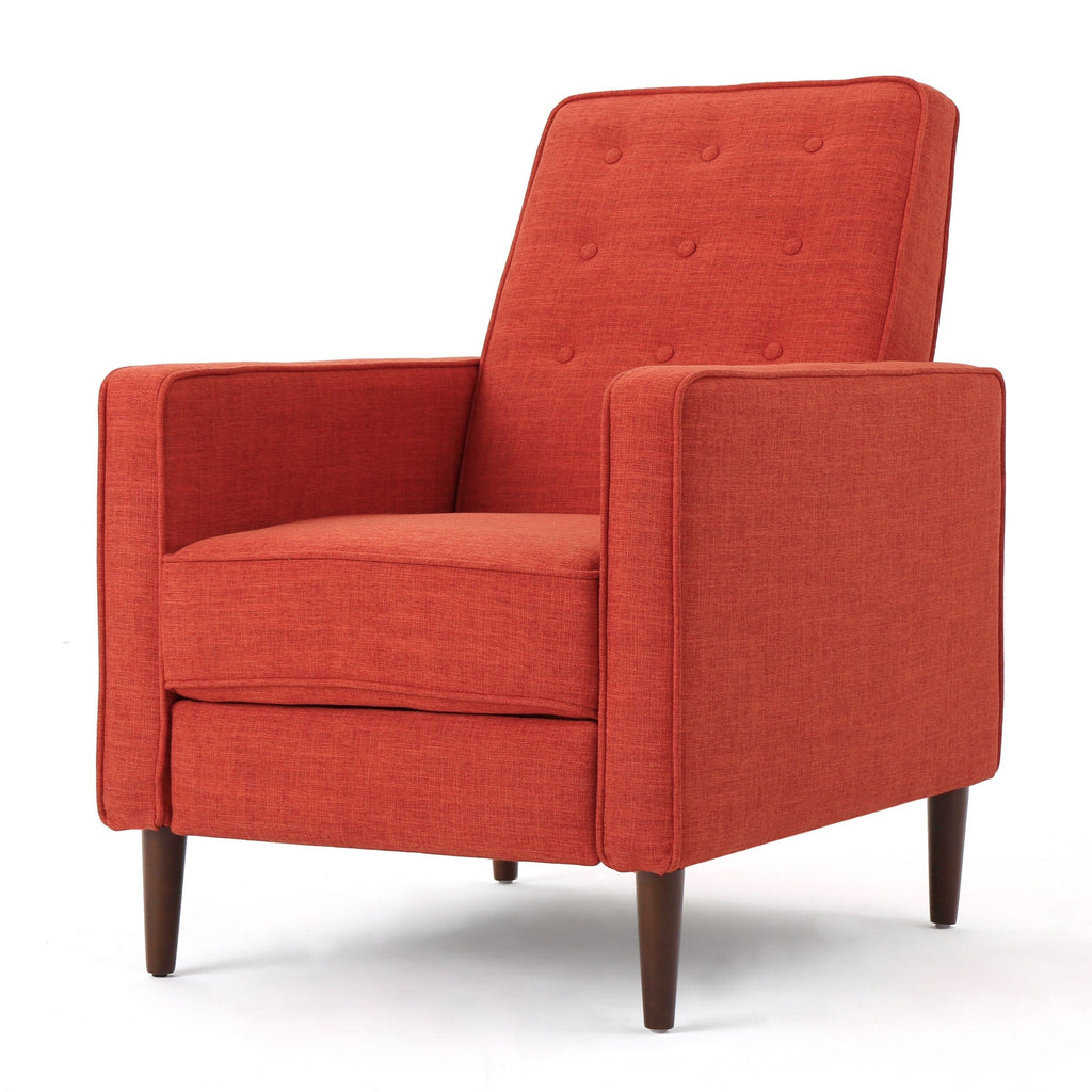 Fauteuil inclinable rembourré en tissu orange style milieu du siècle avec repose-pieds, dossier capitonné et pieds en hêtre