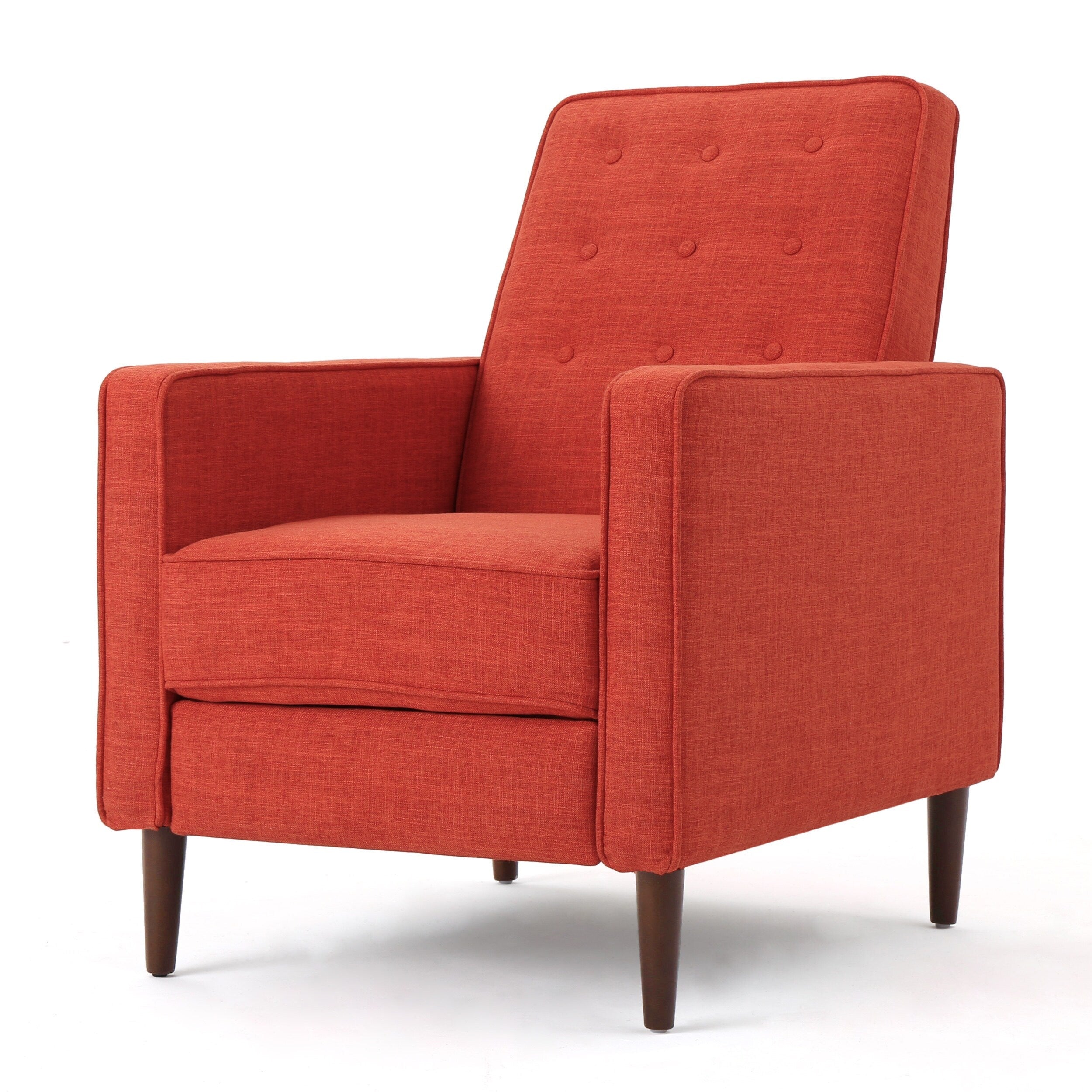 Fauteuil inclinable rembourré en tissu orange style milieu du siècle avec repose-pieds, dossier capitonné et pieds en hêtre
