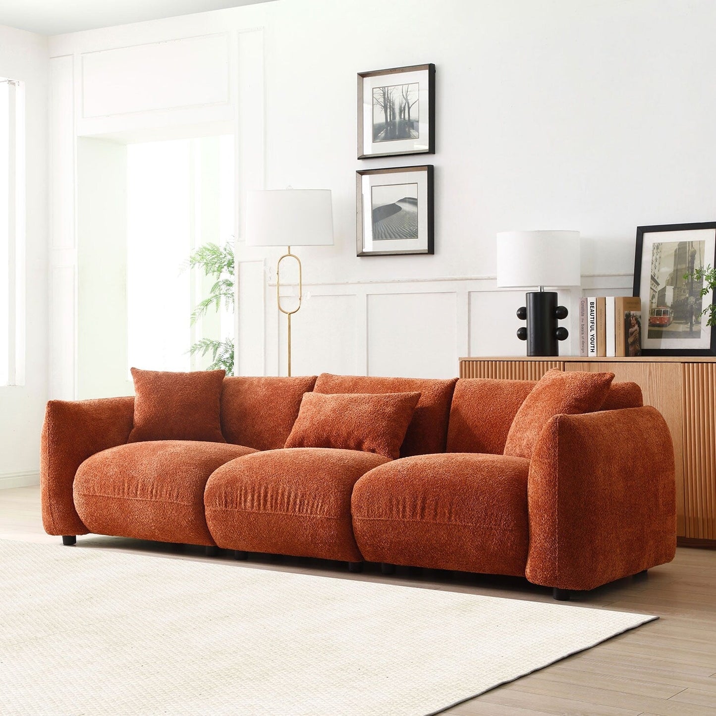 Canapé 3 places rembourré orange Mid-Century Modern 102.36 Boucle avec coussins pour le salon