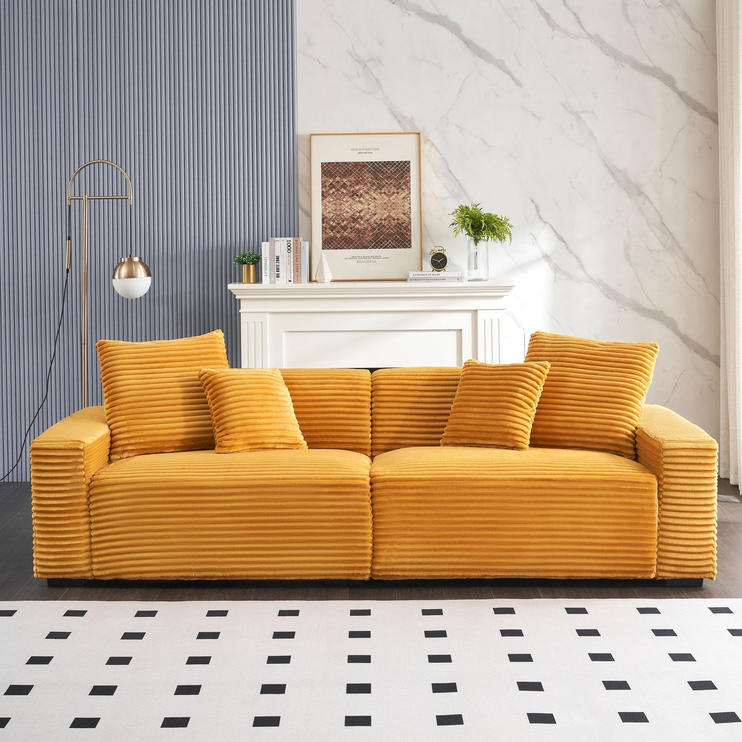 Canapé 4 places en velours côtelé orange moderne 104,72 avec 4 coussins décoratifs pour le salon
