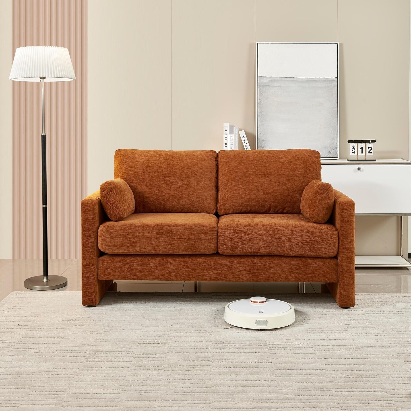Canapé causeuse moderne orange 58,66 en chenille avec coussins de dossier et oreillers pour le salon