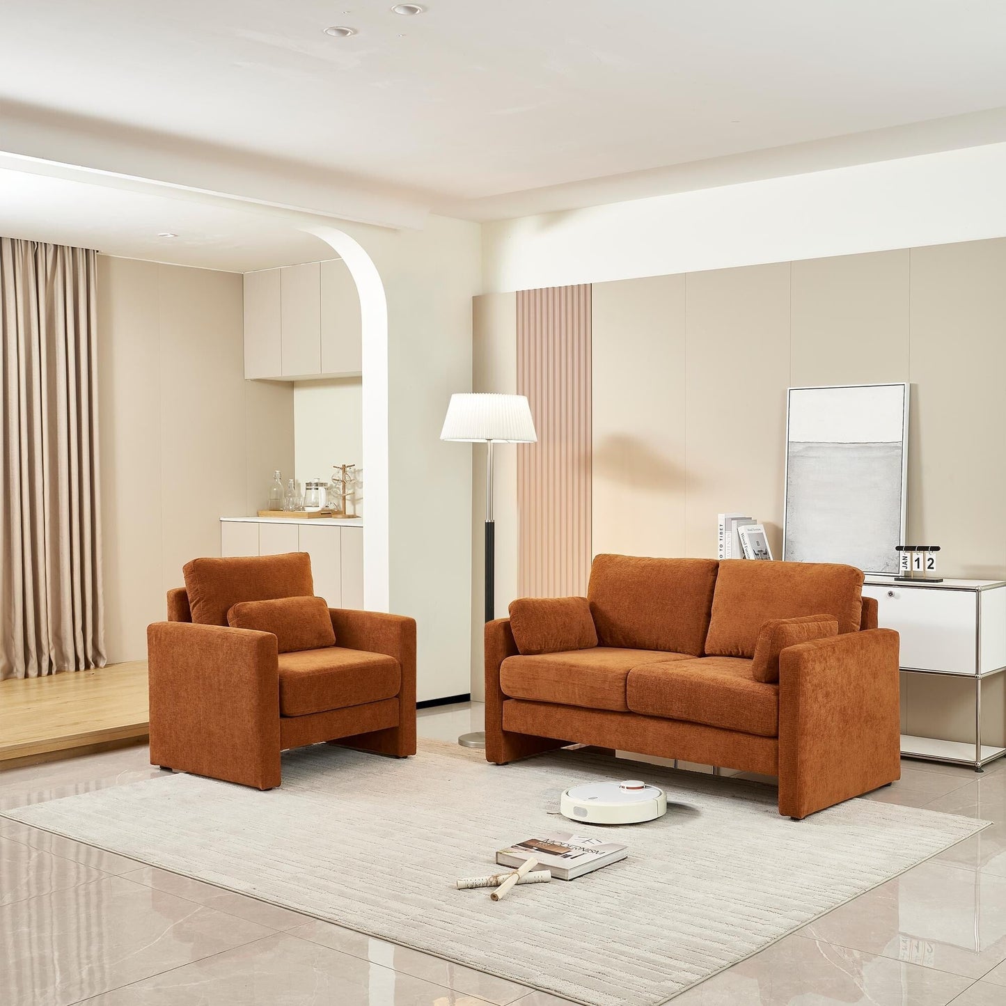Canapé causeuse moderne orange 58,66 en chenille avec coussins de dossier et oreillers pour le salon