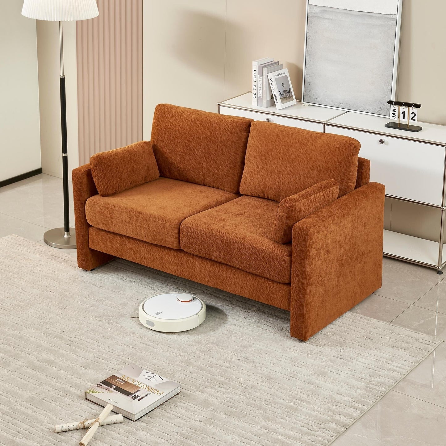 Canapé causeuse moderne orange 58,66 en chenille avec coussins de dossier et oreillers pour le salon