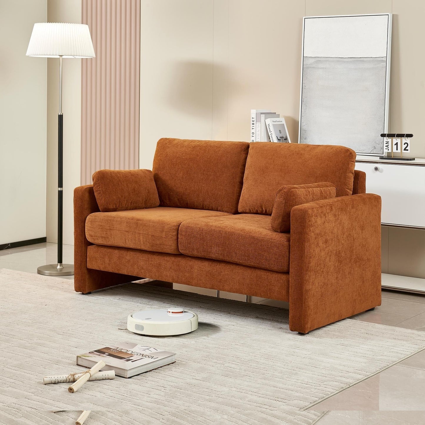 Canapé causeuse moderne orange 58,66 en chenille avec coussins de dossier et oreillers pour le salon