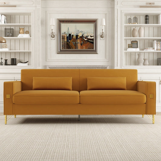 Canapé 3 places en velours orange moderne 85,63 avec touches dorées et coussins moelleux pour le salon