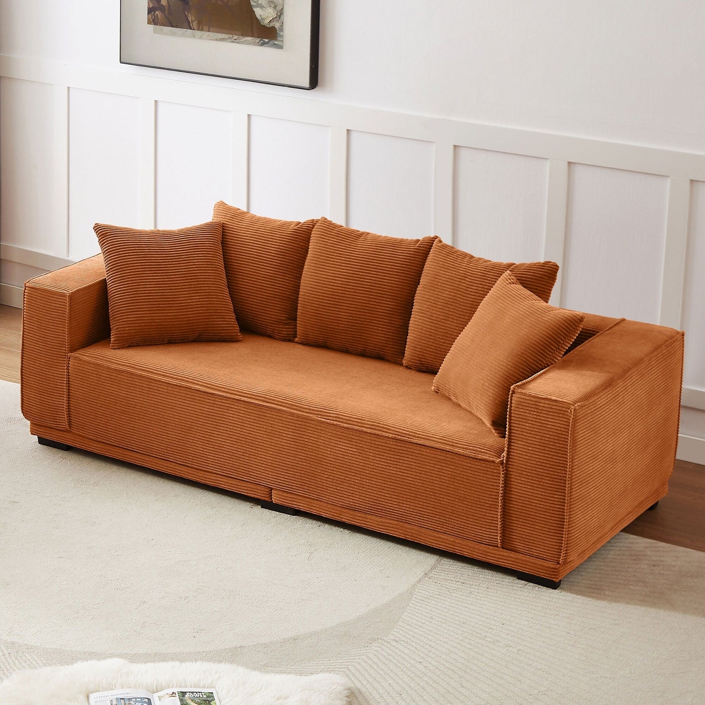 Canapé 3 places rembourré orange moderne 88,97 $ avec cadre inférieur et 5 coussins décoratifs, canapé confortable pour salon et chambre