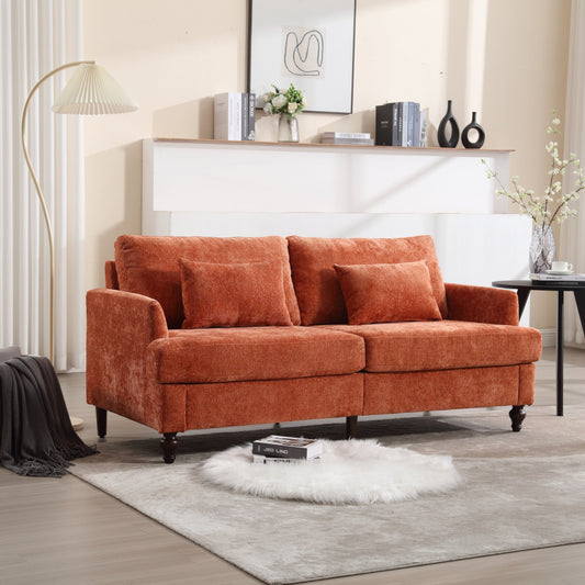 Canapé 2 places moderne en chenille orange 68,9 pouces : coussins amovibles, cadre en bois massif et pieds en bois marron