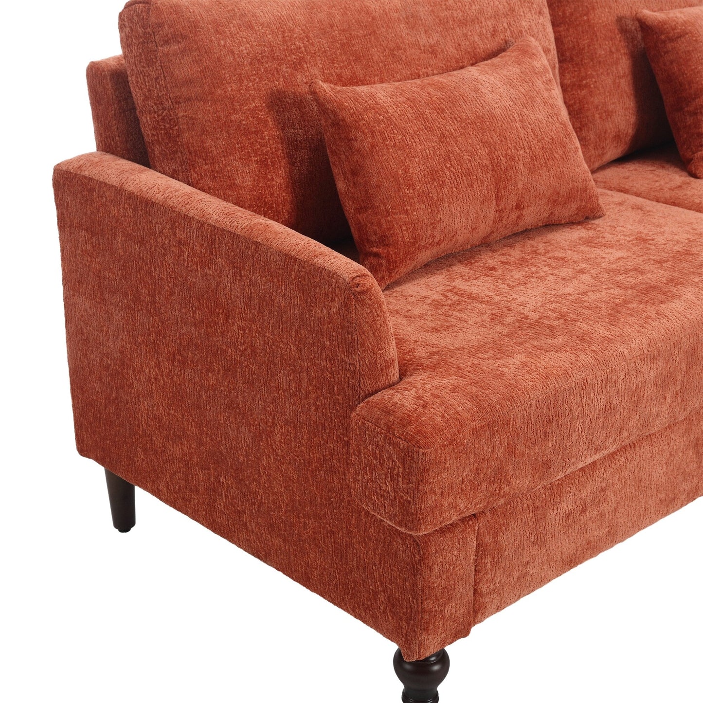 Canapé 2 places moderne en chenille orange 68,9 pouces : coussins amovibles, cadre en bois massif et pieds en bois marron